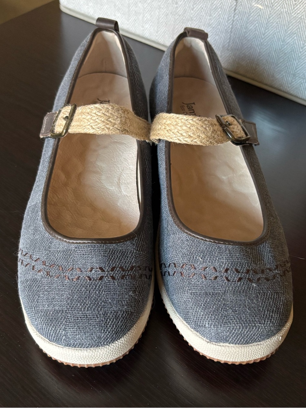 Jambu Gray Canvas Mary Jane with Woven Beige Strap